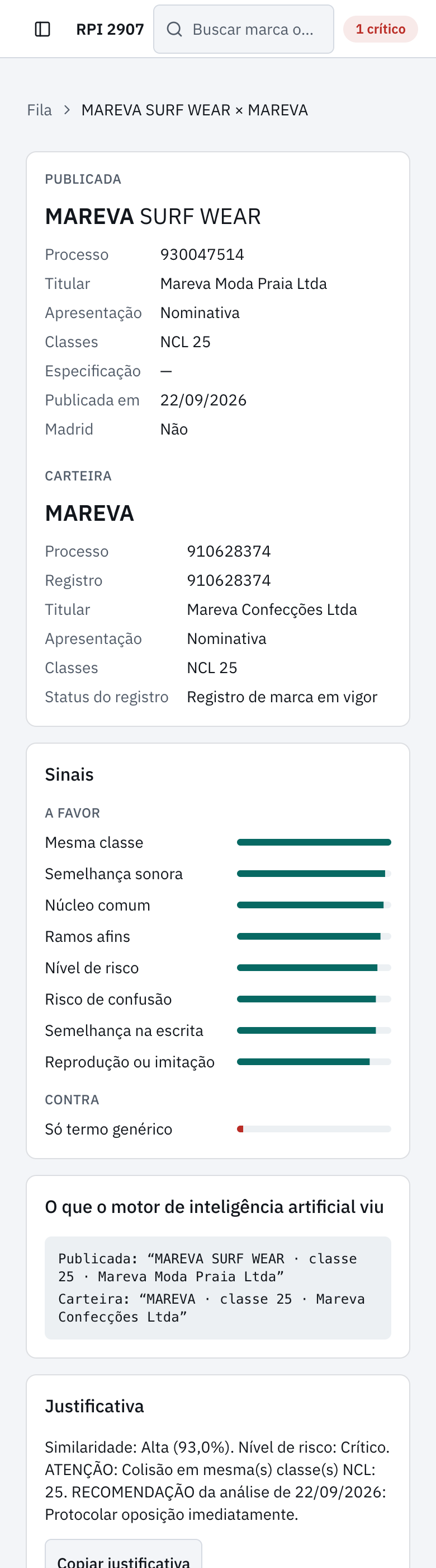 Os sinais do par MAREVA SURF WEAR, publicada na RPI, e MAREVA, da carteira: oito a favor, como mesma classe e semelhança sonora, com as barras quase cheias, e um contra, só termo genérico, com a barra quase vazia.